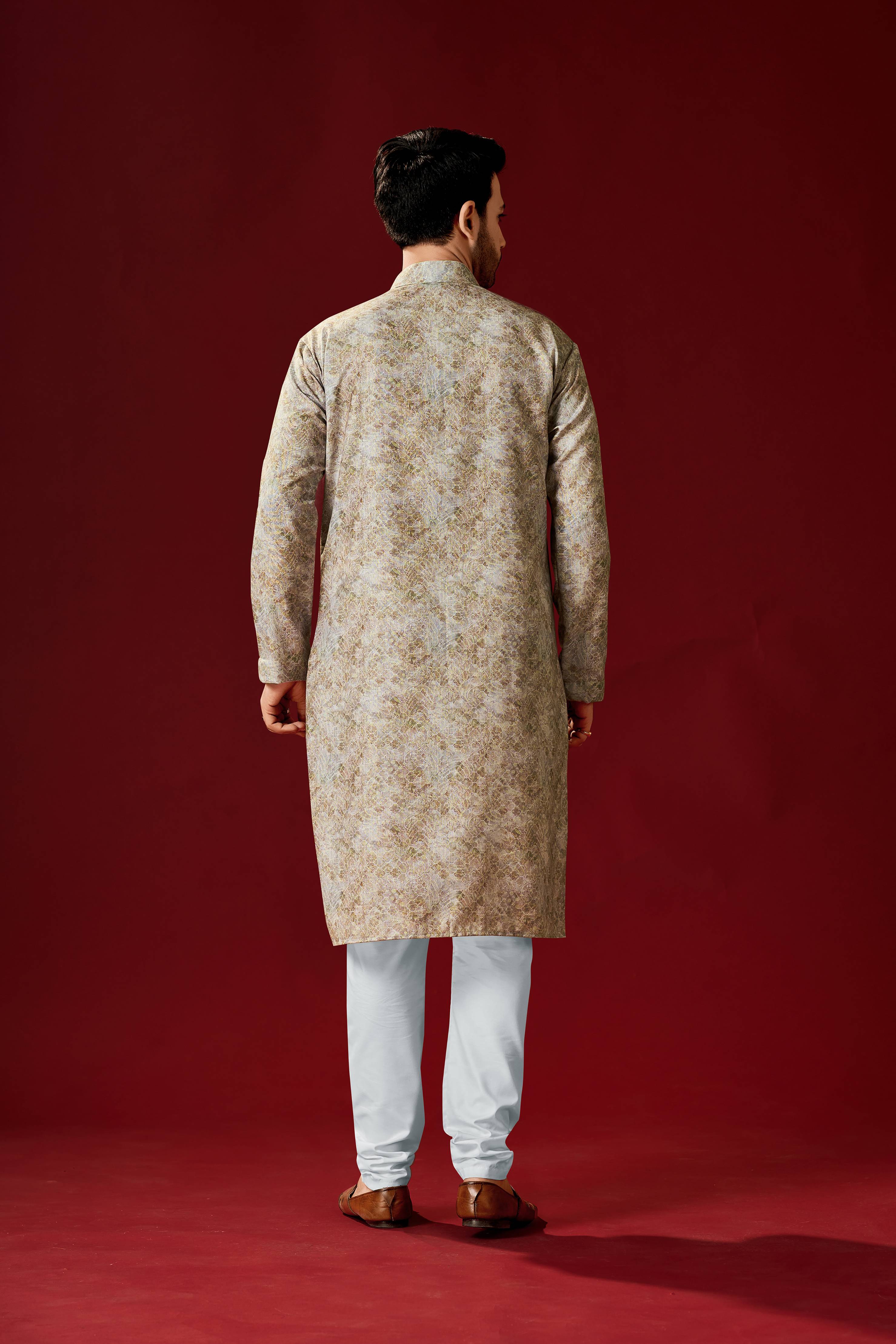 Men's Beige Printed Cotton Kurta Pajama Set