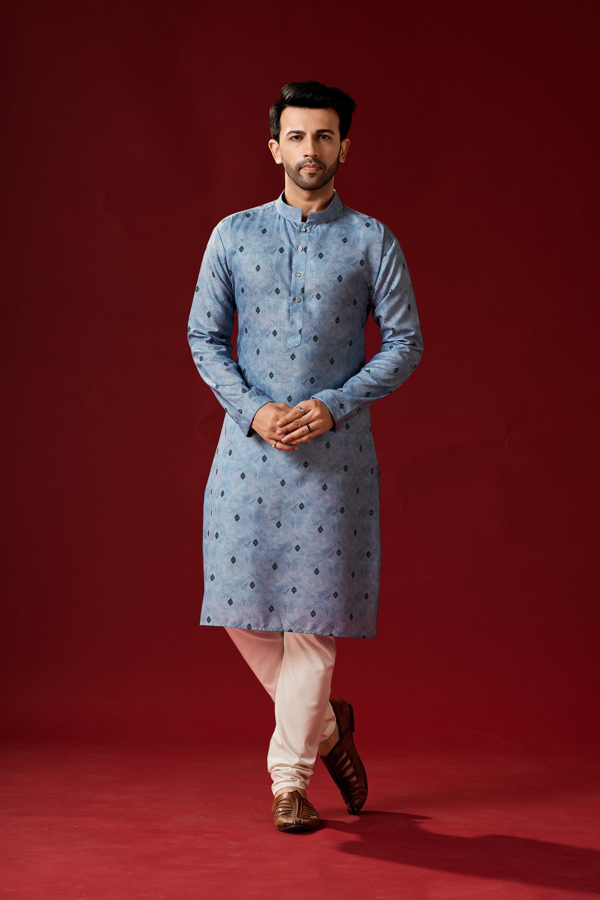 Men's Blue Printed Cotton Kurta Pajama Set