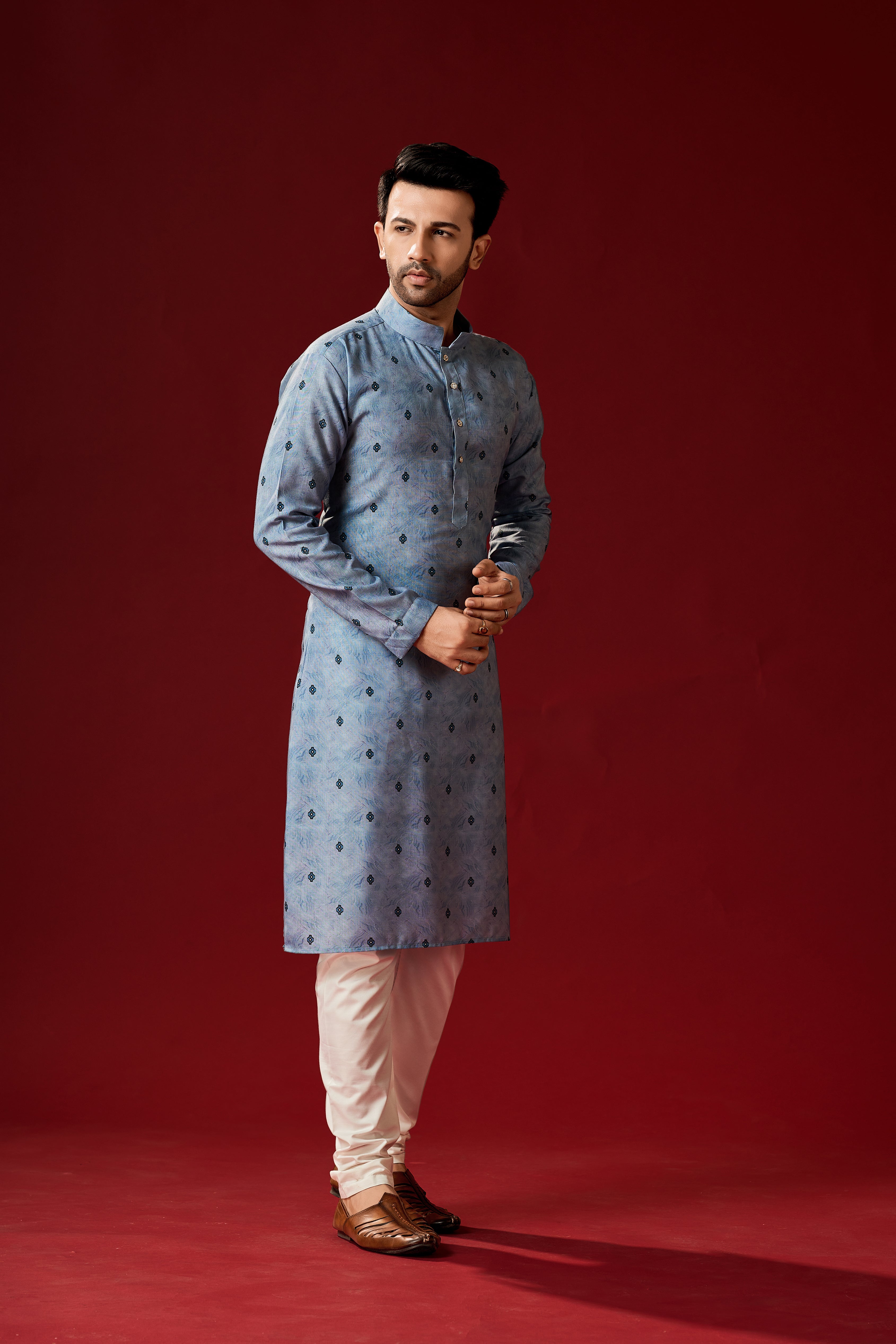 Men's Blue Printed Cotton Kurta Pajama Set