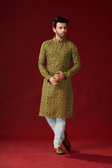 Men's Green Cotton Printed Kurta Pajama Set