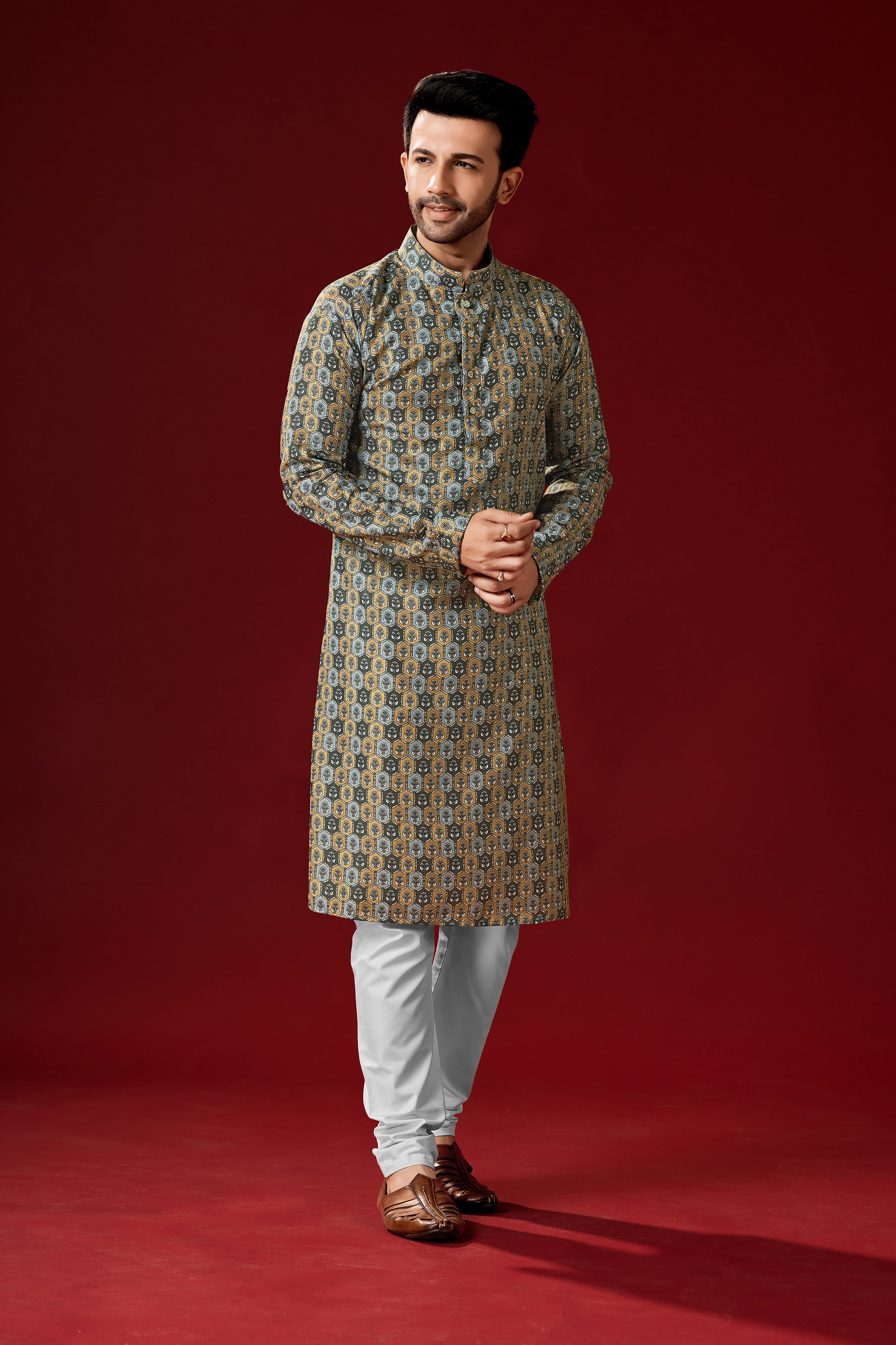 Men's Orange Grey Tunic Cotton Kurta Pajama Set