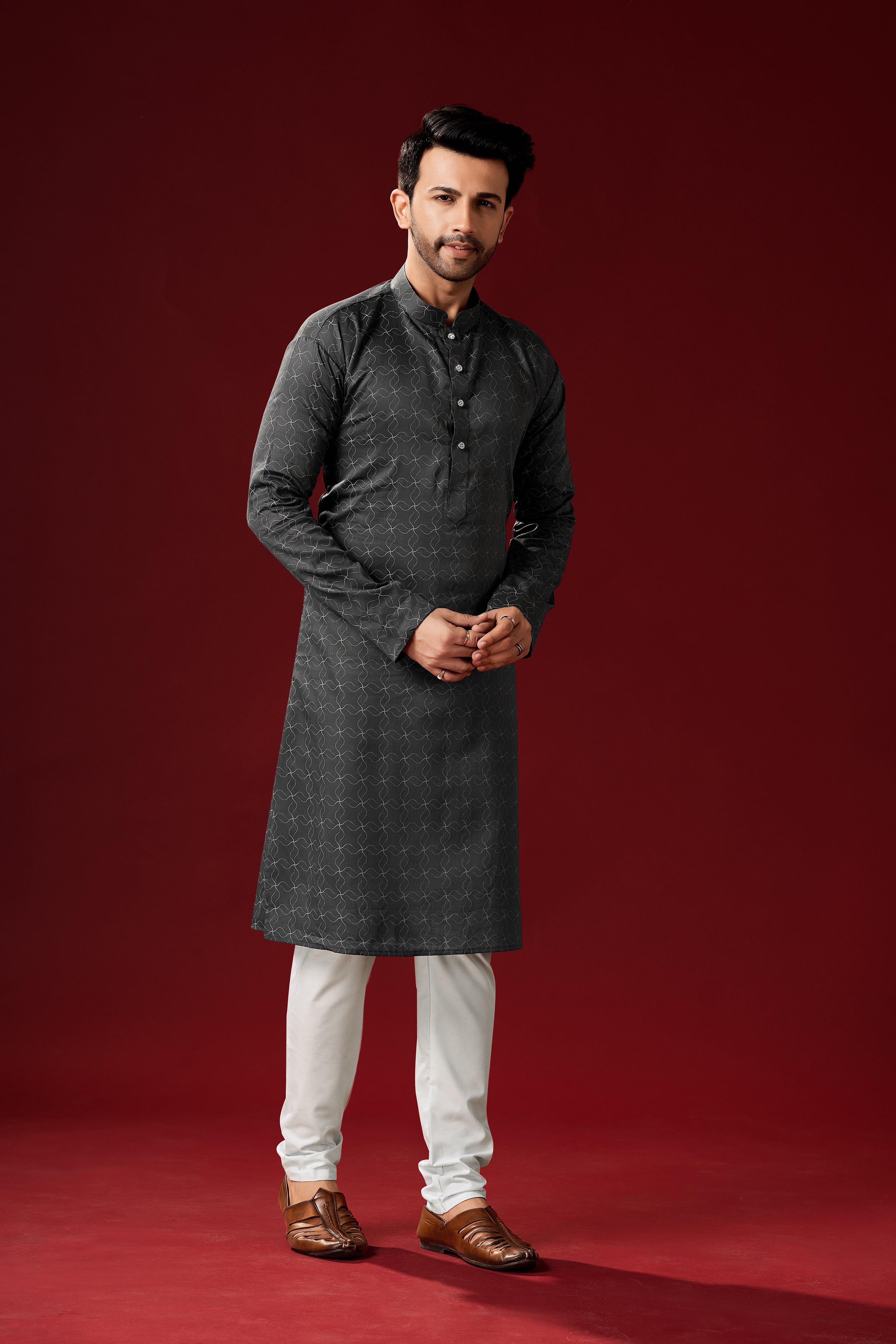 Men's Dark Grey Tunic Cotton Kurta Pajama Set