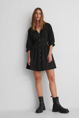 Black Balloon Sleeve Belted Mini Dress