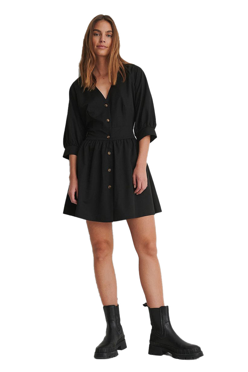 Black Balloon Sleeve Belted Mini Dress