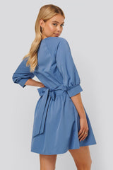 Blue Balloon Sleeve Belted Mini Dress