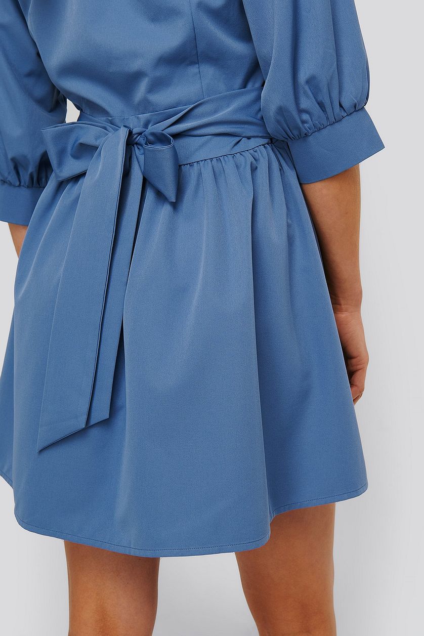 Blue Balloon Sleeve Belted Mini Dress