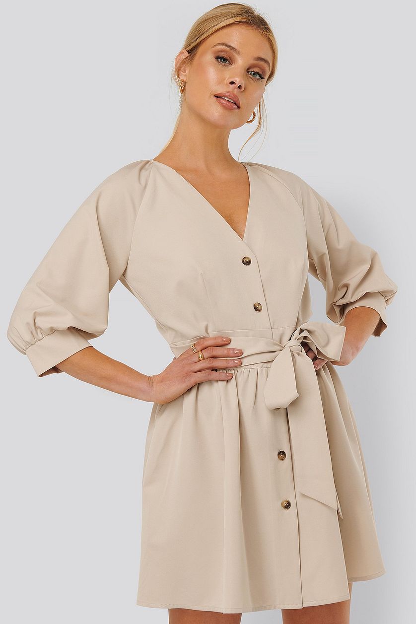 Beige Balloon Sleeve Belted Mini Dress