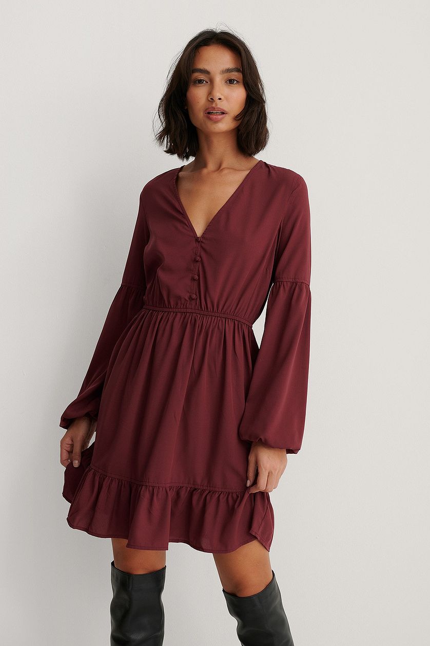 Maroon Balloon Sleeve Mini Dress