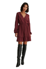 Maroon Balloon Sleeve Mini Dress