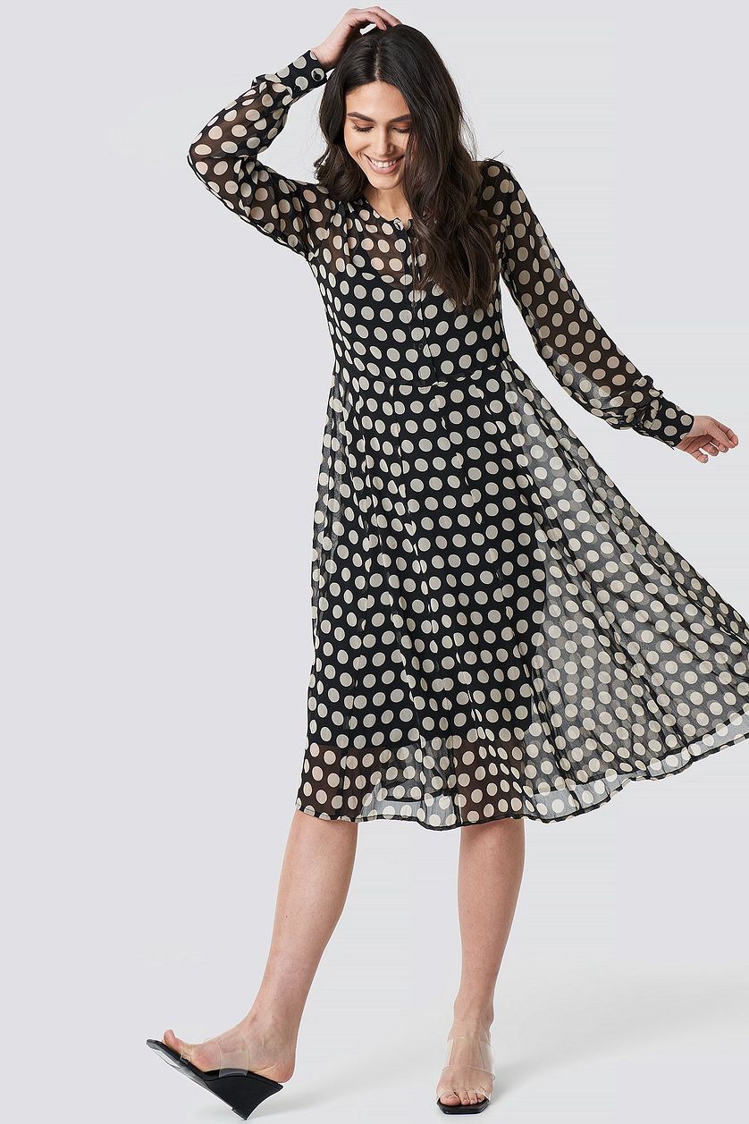 Black Dotted Chiffon Shirt Dress Black