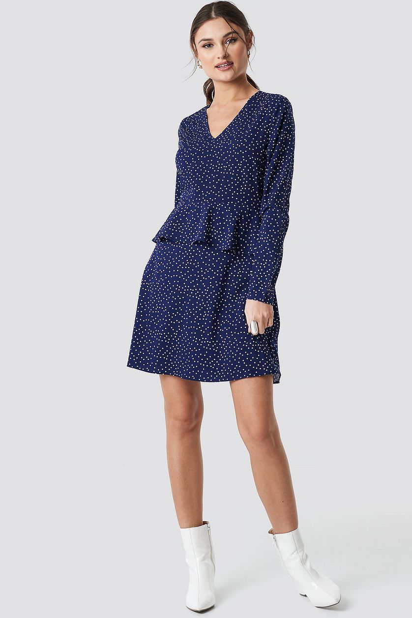 Royal Blue Ir Dot Printed Flounce Dress