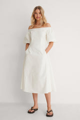 White Off Shoulder Poly Cotton Detail Dress