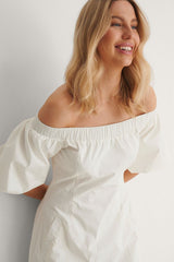 White Off Shoulder Poly Cotton Detail Dress