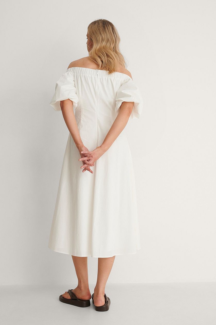 White Off Shoulder Poly Cotton Detail Dress