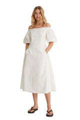 White Off Shoulder Poly Cotton Detail Dress