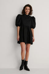 Black Pointy Collar Puff Sleeve Dress