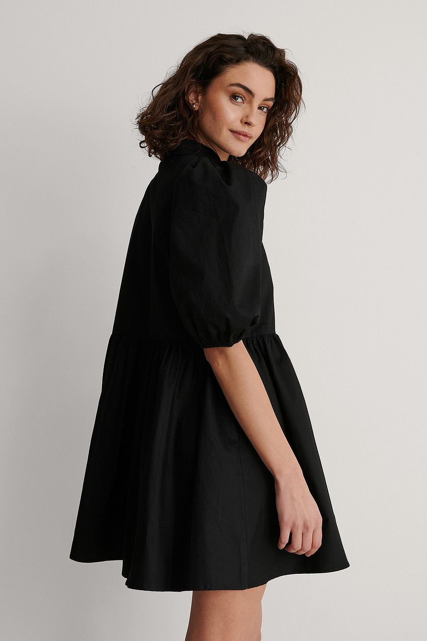 Black Pointy Collar Puff Sleeve Dress