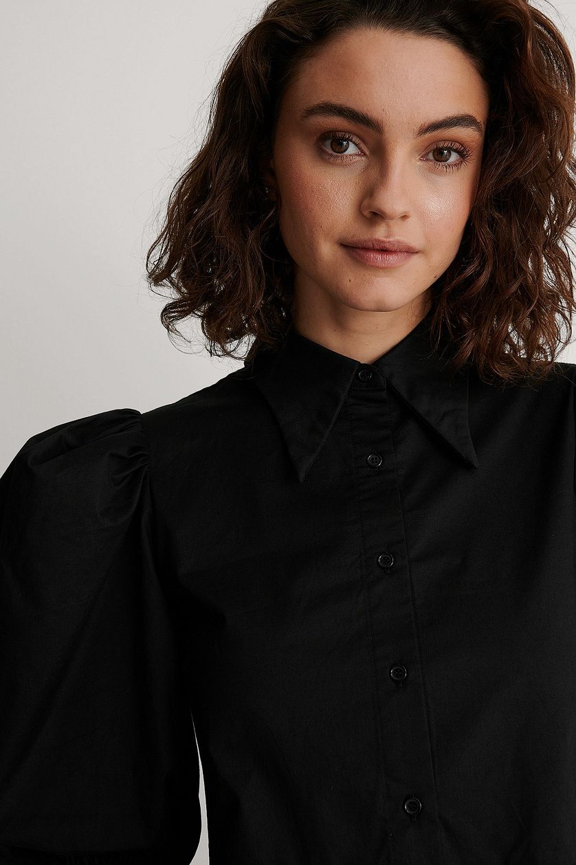 Black Pointy Collar Puff Sleeve Dress