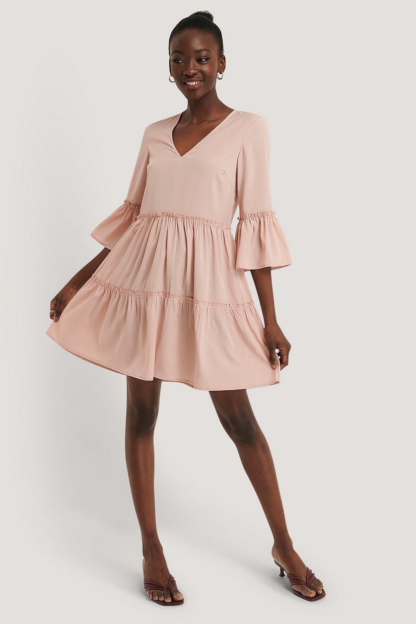 Light Pink V Neck Ruffle Dress