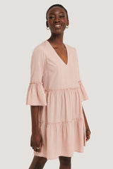 Light Pink V Neck Ruffle Dress