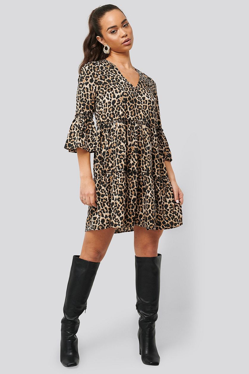 Leopard Print V Neck Ruffle Dress