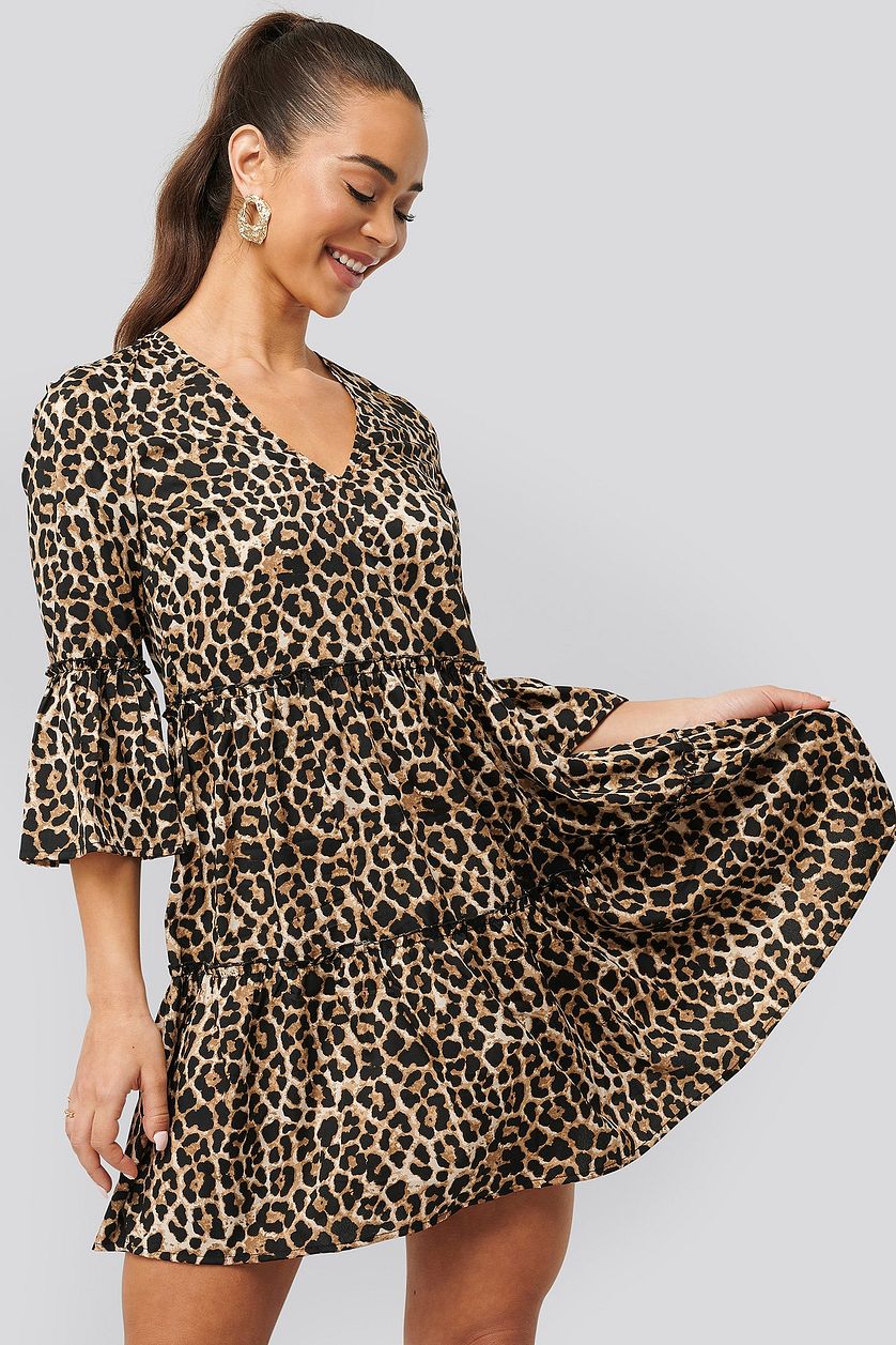 Leopard Print V Neck Ruffle Dress