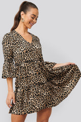 Leopard Print V Neck Ruffle Dress