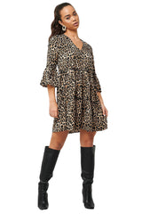 Leopard Print V Neck Ruffle Dress