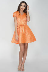 Orange Jacquard Flared Mini Frock