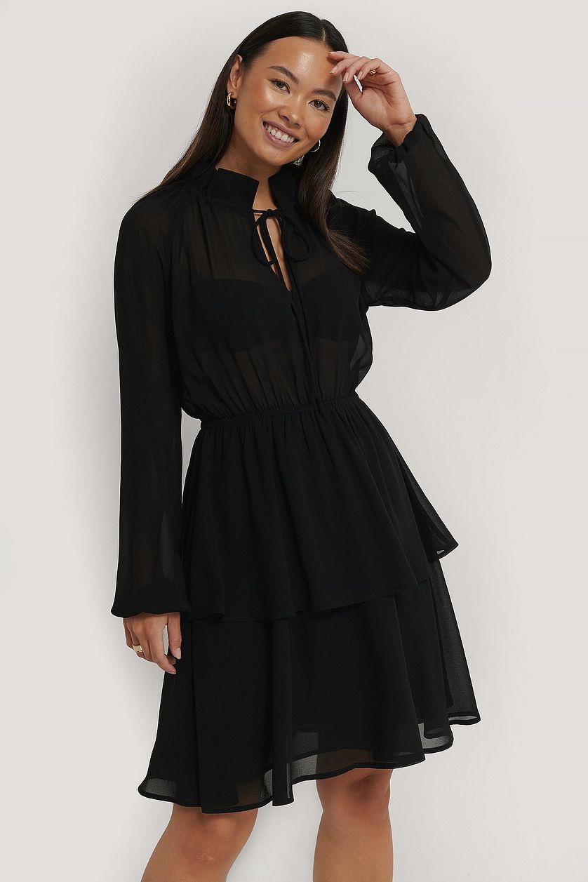 Black Chiffon High Frill Neck Dress