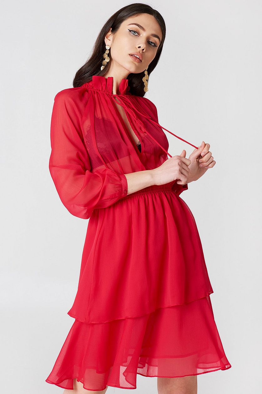 Red Chiffon High Frill Neck Dress