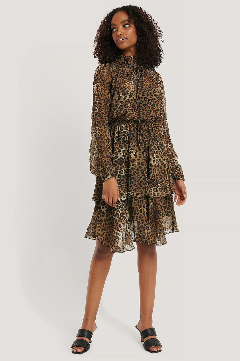 Leopard Polyester High Frill Neck Dress