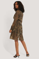 Leopard Polyester High Frill Neck Dress