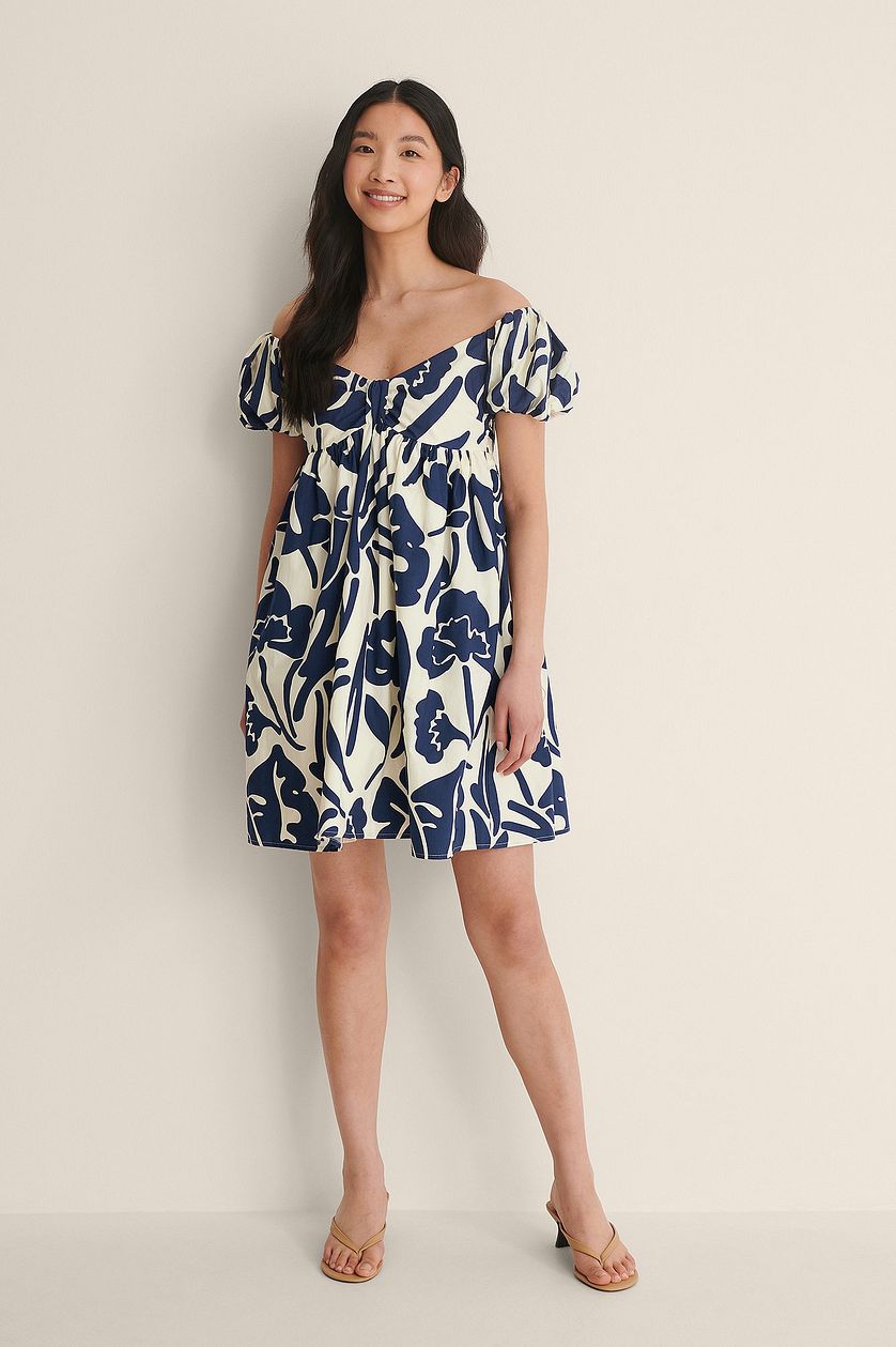 Blue Off Shoulder Mini Polyester Dress