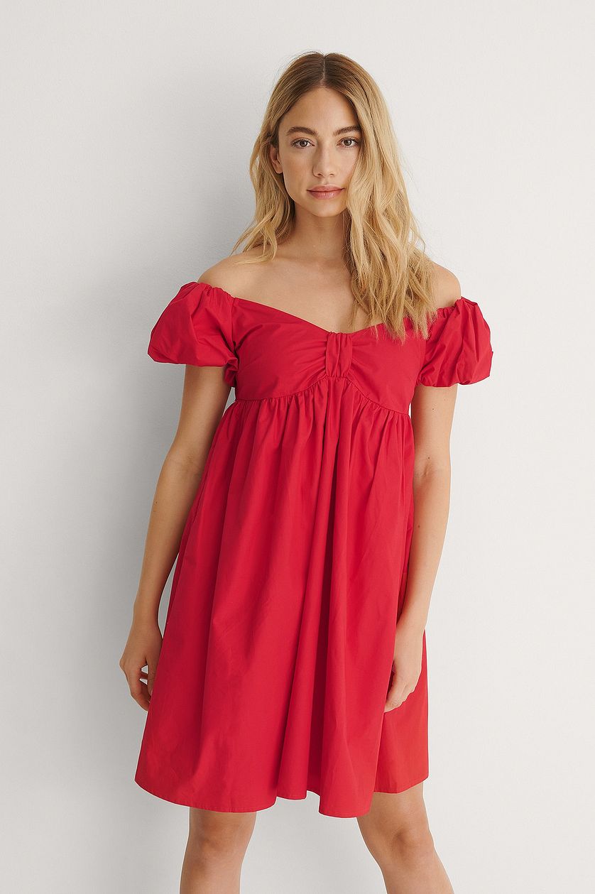 Red Off Shoulder Mini Cotton Dress