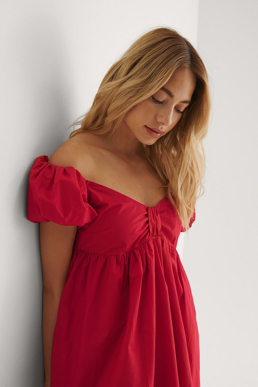 Red Off Shoulder Mini Cotton Dress