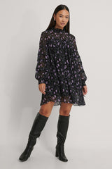 Black Purple Georgette V-Neck A-Line Flowy Dress