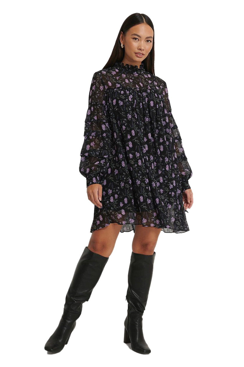 Black Purple Georgette V-Neck A-Line Flowy Dress