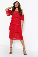 Female Baked Coral Tall Pleated Off Shoulder Occasion Dress