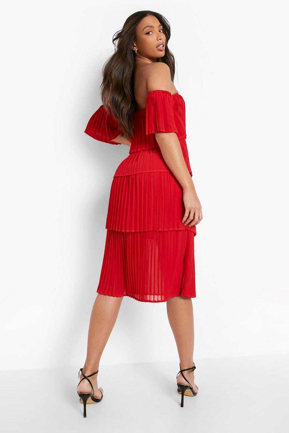 Female Baked Coral Tall Pleated Off Shoulder Occasion Dress