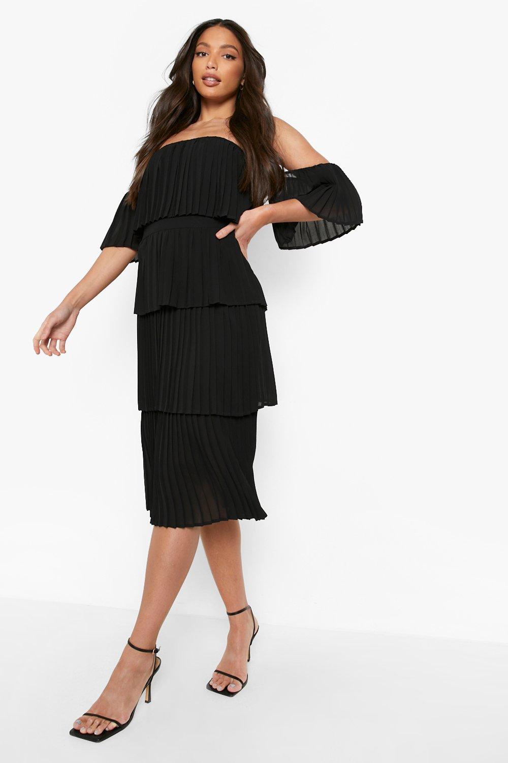 Robe de cérémonie noire plissée à épaules dénudées pour femme 