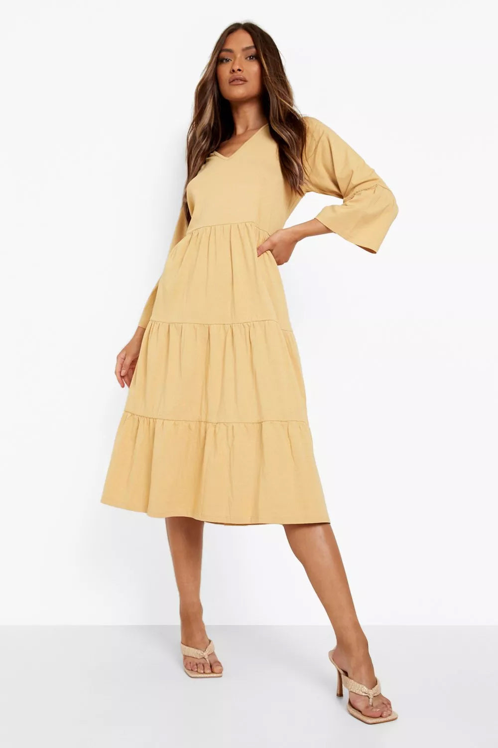 Female Camel Flared Sleeve Midi Smock Dress