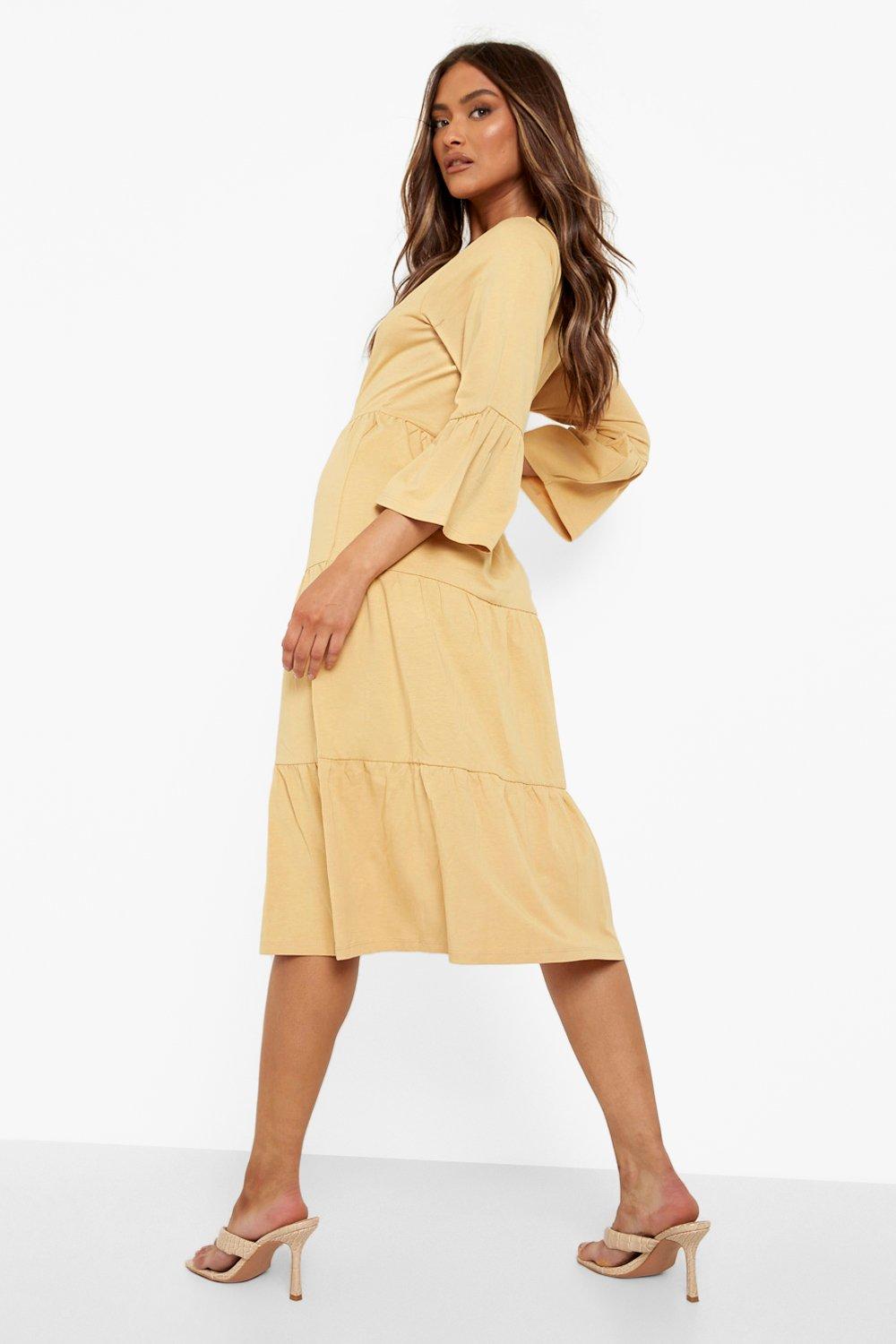 Female Camel Flared Sleeve Midi Smock Dress