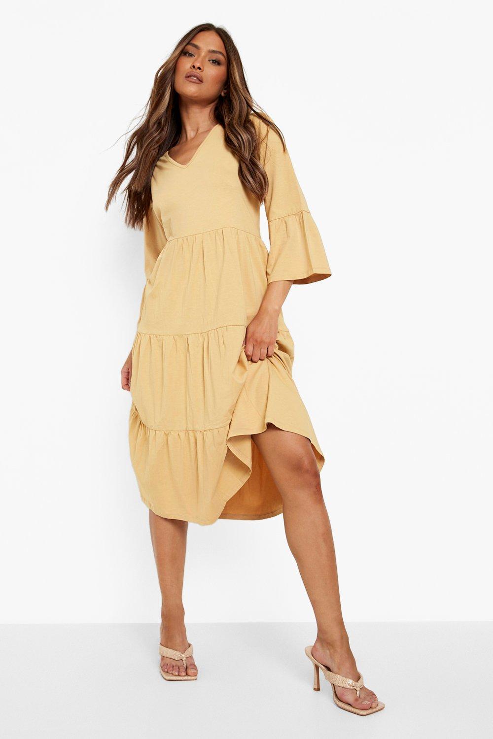 Female Camel Flared Sleeve Midi Smock Dress