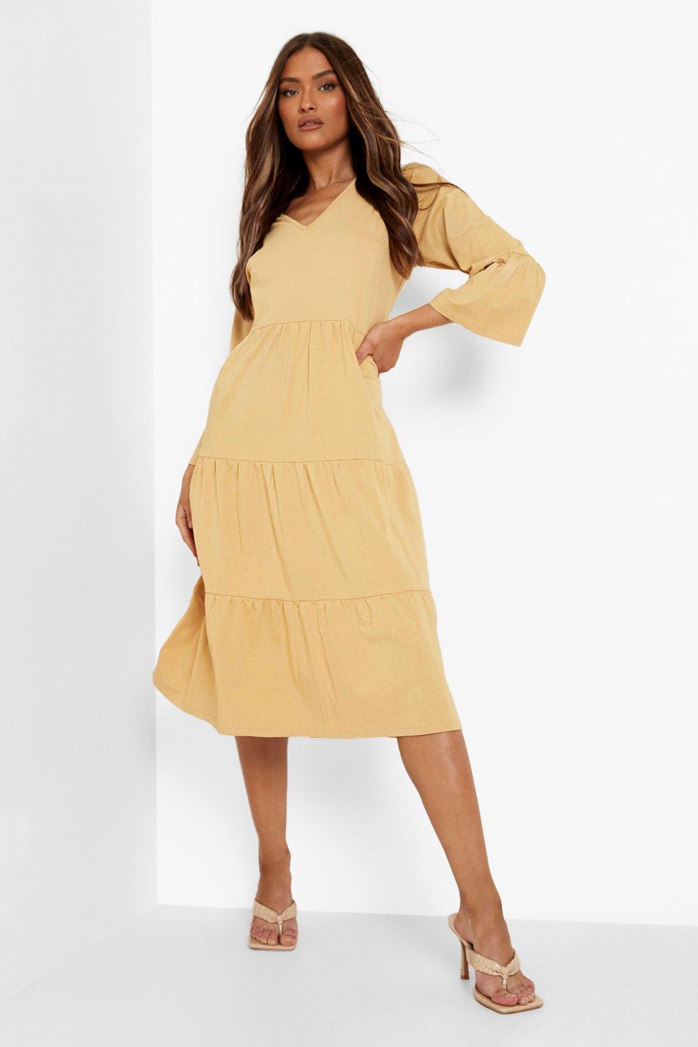 Female Camel Flared Sleeve Midi Smock Dress