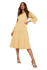 Female Camel Flared Sleeve Midi Smock Dress