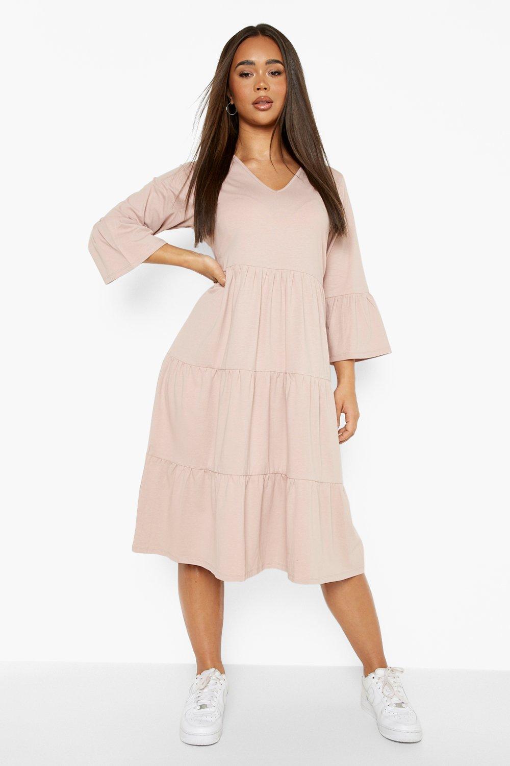 Female Dusty Rose Flared Sleeve Midi Smock Dress