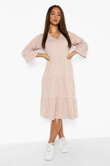 Female Dusty Rose Flared Sleeve Midi Smock Dress