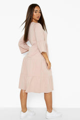 Female Dusty Rose Flared Sleeve Midi Smock Dress