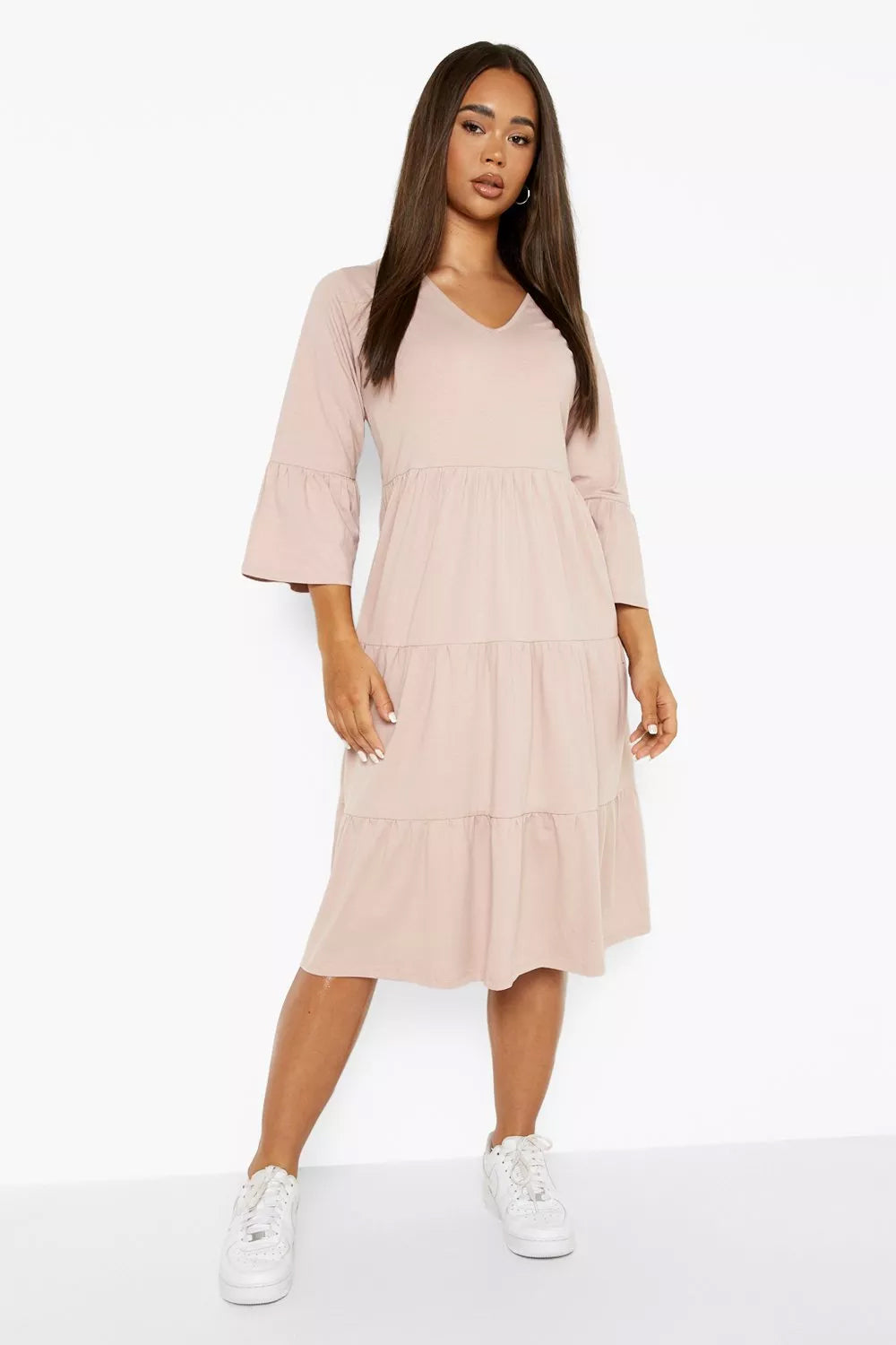 Female Dusty Rose Flared Sleeve Midi Smock Dress